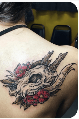 A dragon skull and red flowers for someone I knew who passed away. “Always Be Kind”. This was done by tattoo artist Leslie Karin, who was in Austin TX at the time, but now resides in Brooklyn NY. #dragon #dragontattoo #skull #skulltattoo #flowers #kindness #memorialtattoo #fantasy #fantasytattoos 