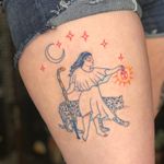 Tattoo by Cori Swanson #CoriSwanson #colortattoos #color #hermit #oracle #lantern #cheetah #thirdeye #snake #moon #stars #crescentmoon #cat #iillustrative