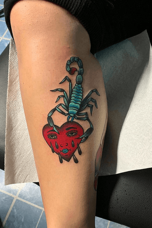 Hear me & Wifey Singing 🎤 🔥🖊🎨 🚨Swipe for a video 🚨Today I got to do a tattoo for wifey @yes.thisisthegirlwiththetattoo of a #scorpion & a #cryingheart ❤️ Super fun tattoo to do ! More traditional tattoos please !!! Done in @blackskull_tattoostudio #TattzByAG #Ink #Tattoo #Tatuaje #BodyArt #ArteCorporal #traditional #traditionalart #traditionaltattoo #scorpiontattoo #cryinghearttattoo #neotraditional #neotraditionalart #neotraditionaltattoo #nyc #nyctattoo #nyctattooartist #newyorkcity #newyorkcitytattoo #newyorkcitytattooartist #boldcolors #privatestudio #privatetattoostudio