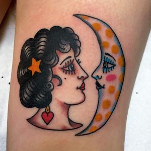 Tattoo by Goreart #Goreart #colortattoos #color #lady #ladyhead #portrait #moon #heart #stars #crescentmoon
