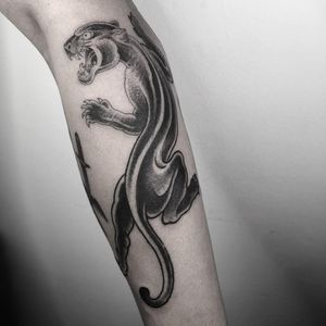 Tattoo by Nathan Kostechko #NathanKostechko #blackpanthertattoos #blackpanther #junglecat #cat #blackandgrey #illustrative #traditional