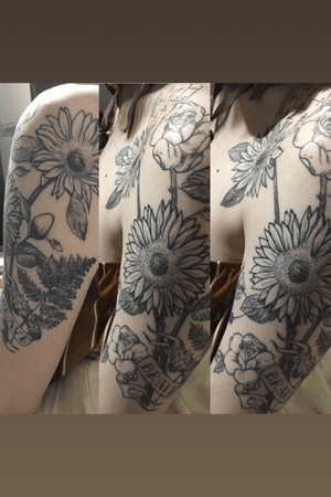 Sunflower tattoo #floral #ornamental #grey #linework #dotwork #sunflowertattoo #armflowers 