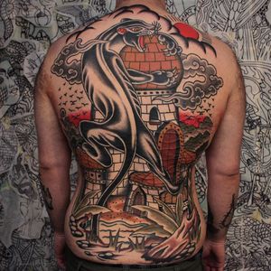 Tattoo by Joel Soos #JoelSoos #blackpanthertattoos #blackpanther #junglecat #cat #backpiece #tower #castle #clouds #birds #nature #water #lake #backtattoo