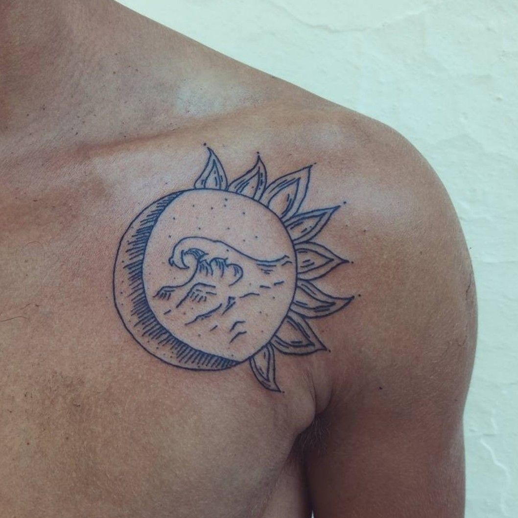 Simple Line Wave  Moon Tattoo by somtattoo
