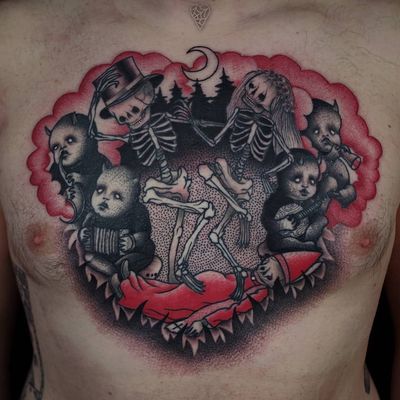 Tattoo by Łukasz Sokołowski #LukaszSokolowski #HalloweenTattoos #Halloween #Samhain #spooky #trickortreat #skeletons #demons #devils #moon #dance #music #death #redink