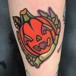 Tattoo by Jon Larson #JonLarson #HalloweenTattoos #Halloween #Samhain #spooky #trickortreat #pumpkin #skeletonhand #skeleton