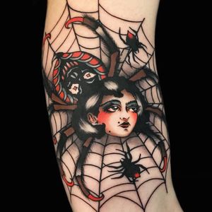 Tattoo by Chingy Fringe #ChingyFringe #HalloweenTattoos #Halloween #Samhain #spooky #trickortreat #traditional #illustrative #vintage #ladyhead #spider #spiderweb #skull