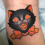 Tattoo by Christina Hock #ChristinaHock #HalloweenTattoos #Halloween #Samhain #spooky #trickortreat #cat #bowtie #color #traditional