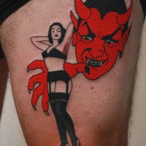 Tattoo by Cris Cleen #CrisCleen #HalloweenTattoos #Halloween #Samhain #spooky #trickortreat #satan #devil #pinup #lady #redink #vintage #portrait