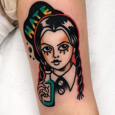 Tattoo by Red Lip Tattoo #RedLipTattoo #HalloweenTattoos #Halloween #Samhain #spooky #trickortreat #color #traditional #AddamsFamily #wednesdayaddams #bottle #skullandcrossbones #death #hate #portrait