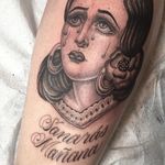 Tattoo by Tamara Santibanez #TamaraSantibanez #Chicanotattoos #Chicano #Chicanostyle #Chicanx #script #teas #sadgirl #portrait #lady #ladyhead