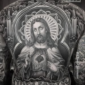 Tattoo by Chuey Quintanar #ChueyQuintanar #Chicanotattoos #Chicano #Chicanostyle #Chicanx #Jesus #JesusChrist #sacredheart