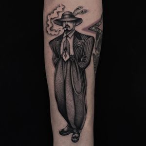 Tattoo by Illegal Tattoos #IllegalTattoos #JuanDiego #Chicanotattoos #Chicano #Chicanostyle #Chicanx #zootsuit #1940s #portrait #blackandgrey