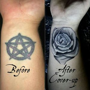 Cover-up tattoo. - - #coveruptattoo #coverup #CoverUpTattoos #belgiumtattoostudio #belgium #pentagram #pentagrams #rosa #rose #realistic #colortattoo #realism #roos #