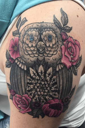 Black and grey mandala owl with pink flowers 