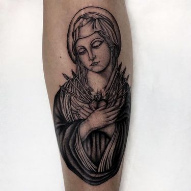 Tattoo by Illegal Tattoos #IllegalTattoos #JuanDiego #Chicanotattoos #Chicano #Chicanostyle #Chicanx #VirginMary #sacredheart #swords #portrait