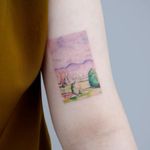 Tattoo by Tattoo a piece #Tattooapiece #watercolortattoo #watercolor #painterly #fineart #painting #color #landscape #trees #mountains #sky #nature