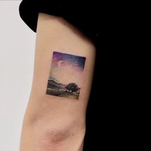 Tattoo by Haeny #Haeny #watercolortattoo #watercolor #painterly #fineart #painting #color #painting #landscape #sky #sunset #moon #tree #nature