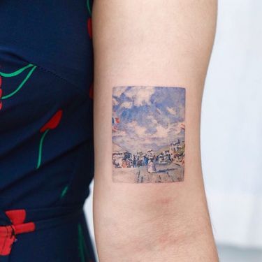 Tattoo by Nemo #Nemo #watercolortattoo #watercolor #painterly #fineart #painting #color #Monet #France #sky #beach #landscape