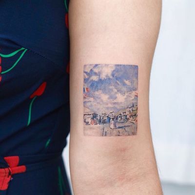 Tattoo by Nemo #Nemo #watercolortattoo #watercolor #painterly #fineart #painting #color #Monet #France #sky #beach #landscape