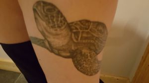 Green sea turtle. Full. Wraps around thigh. Got it after passing my advanced open water scuba diving when I swam with my first turtle in ST Lucia at 36m deep. It was the best experience ever.