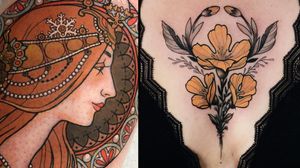 Tattoo on the left by Arielle Gagnon and tattoo on the right by Jen Tonic #JenTonic #ArielleGagnon #NeoTraditionalTattoo #neotraditional #neotrad #artnouveau #artdeco