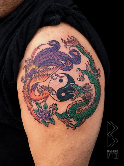 Dragon and pheonix tattoo. #dragontattoo #pheonixtattoo #color #colortattoo #lotustattoo 