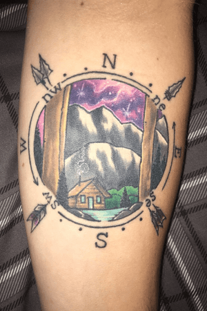 #compass #mountains #outdoors #color #nautical #traditional #traditionaltattoo #colortattoo #space #spacetattoo #cabin #cabininthewoods #galaxy 