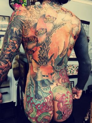 Oli Sykes' back tattoo of a kitsune