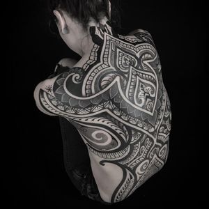 Tattoo by Darby Woodall #DarbyWoodall #tribaltattoos #tribaltattooing #tribal #ancient #blackwork #pattern #linework #dotwork #shapes #abstract
