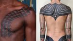 Tattoo on the left by Victor J Webster and tattoo on the right by Taku Oshima #VictorJWebster #TakuOshima #tribaltattoos #tribaltattooing #tribal #ancient #blackwork #pattern #linework #dotwork #shapes #abstract