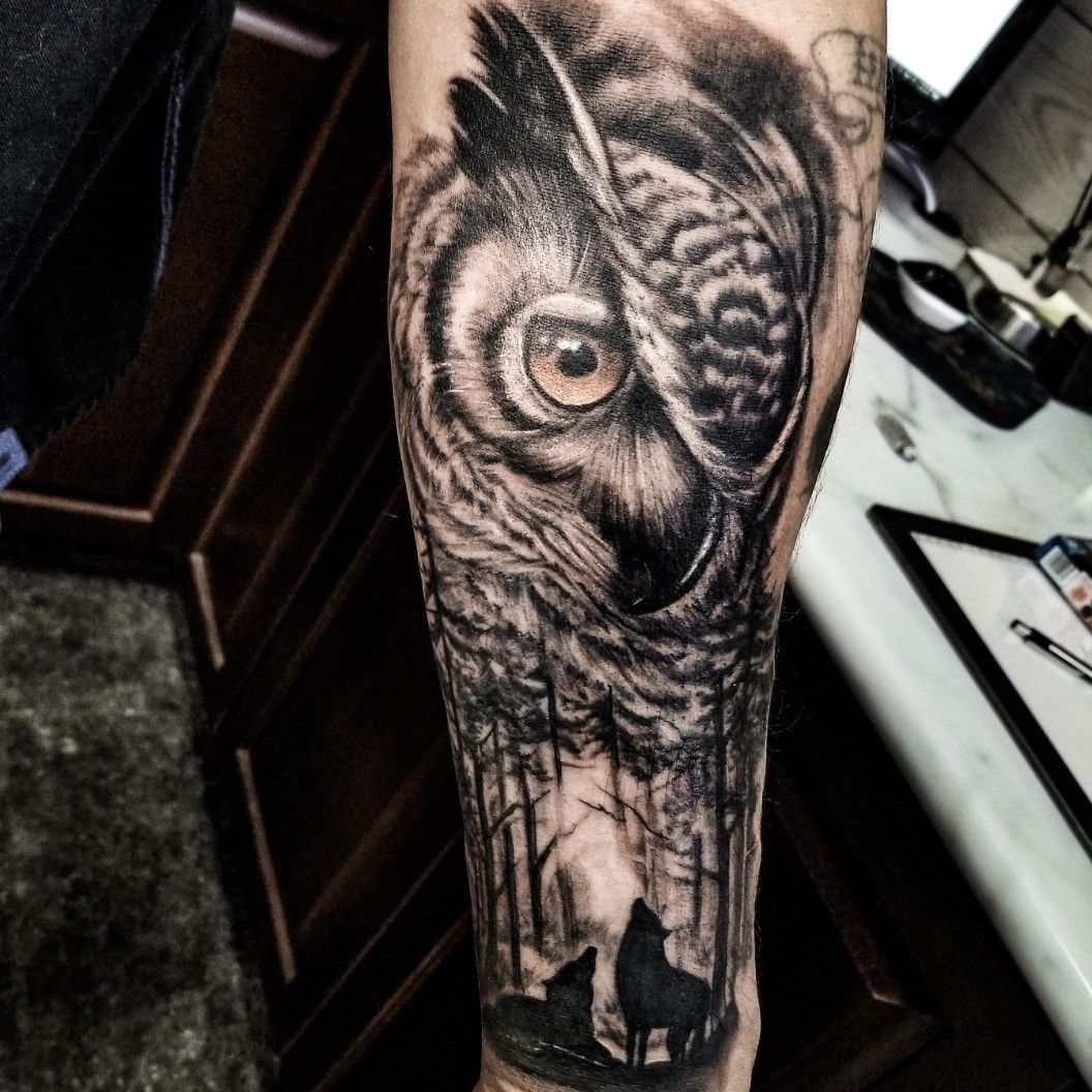 Ink Of Hearts Tattoos ar Twitter One big family  Throwback quarter  sleeve tattoo by SimonSaysInk Wildlife Wolf Owl Realism Portrait  QuarterSleeve Art httpstco4Ew6tWJB2T  Twitter