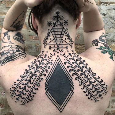 Tattoo by Tine DeFiore #TineDeFiore #tribaltattoos #tribaltattooing #tribal #ancient #blackwork #pattern #linework #dotwork #shapes #abstract