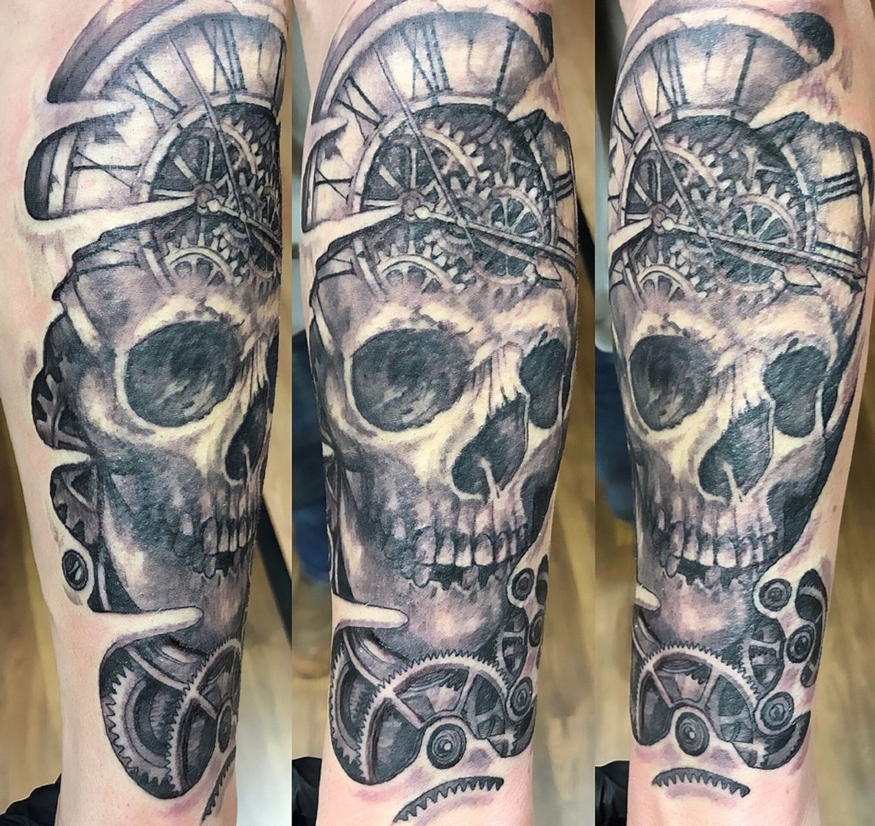 Tattoo uploaded by Danie Carter • Black and grey Skull Clock cogs and