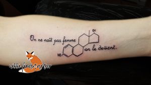 "One is not born a woman; one becomes it."Pardon my French. 😉 I did this quote & Estrogen molecule during my apprenticeship (June 2018).http://nikkifirestarter.com#tattoo #bodyart #bodymod #ink #art #femaleartist #femaletattooist #apprenticetattoo #mnartist #mntattoo #mntattooist #visualart #tattooart #tattoodesign #estrogen #estradiol #estrogenmolecule #moleculetattoo #femininetattoo #french #texttattoo #quotetattoo #typography #graphictattoo #blacktattoo #blackink #linework #frenchtattoo #trans #transpride #transgendertattoo