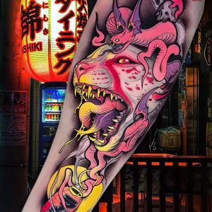 Tattoo by Brando Chiesa #BrandoChiesa #newschooltattoo #newschool #color #cat #lantern #snake #sphinx
