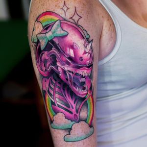 Tattoo by Steven Compton #StevenCompton #newschooltattoo #newschool #color #alien #bow #rainbow