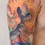 Tattoo by Logan Barracuda #LoganBarracuda #newschooltattoo #newschool #color #cat #sphinx #cloud #sun
