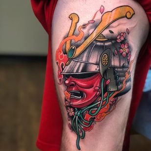 Tatuaje de DJ Tambe #DjTambe #tatuaje de la nueva escuela #nueva escuela #color #samurai #flores de cerezo #japonés #humo #fuego #casco