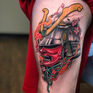 Tattoo by DJ Tambe #DjTambe #newschooltattoo #newschool #color #samurai #cherryblossoms #Japanese #smoke #fire #helmet
