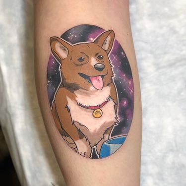 Tattoo by Kimberly Wall #KimberlyWall #newschooltattoo #newschool #color #CowboyBebop #Ein #dog #cute #galaxy #anime #manga