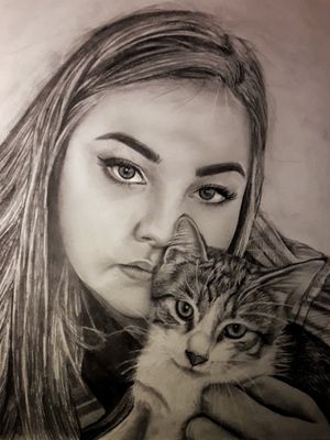 A drawing that I did of my best friend and her cat!! 