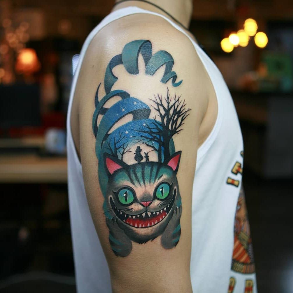 Cheshire Cat Tattoo On Arm Sleeve