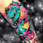 Tattoo by Lillian Raya #LillianRaya #newschooltattoo #newschool #color #trex #jurassicpark #dinosaur #dino #stars #rainbow #cute #hearts