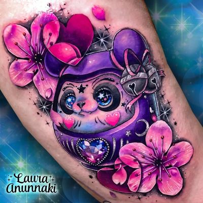 Tattoo by Laura Anunnaki #LauraAnunnaki #newschooltattoo #newschool #color #darumadoll #panda #bear #sparkle #gem #flower #cherryblossoms #moon #star #bell #cute