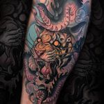 Tattoo by Oash Rodriguez #OashRodriguez #newschooltattoo #newschool #color #tiger #snake #junglecat #cat #smoke