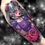 Tattoo by Lillian Raya #LillianRaya #newschooltattoo #newschool #color #sailormoon #luna #cat #rose #flower #moon #sparkle #heart