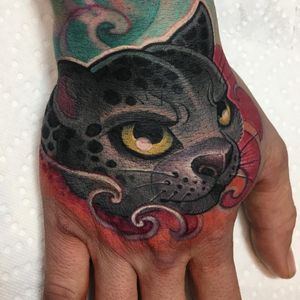 Tattoo by Logan Barracuda #LoganBarracuda #newschooltattoo #newschool #color #cat #kitty #cute #handtattoo