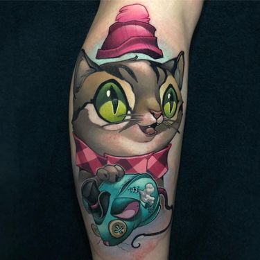 Tattoo by Jamie Ris #JamieRis #newschooltattoo #newschool #color #cat #mouse #cute