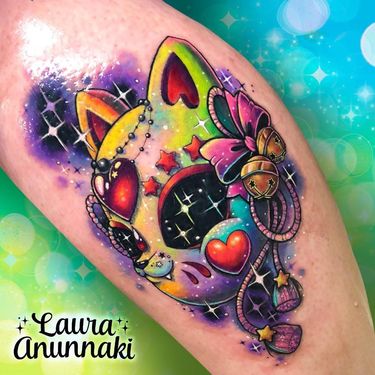 Tattoo by Laura Anunnaki #LauraAnunnaki #newschooltattoo #newschool #color #cat #mask #bell #hearts #stars #fox
